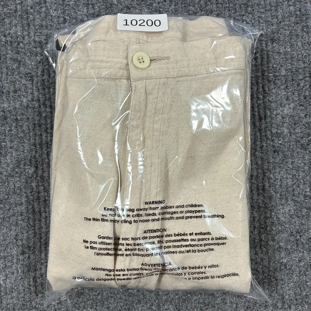 Ossinne Mens Size 44 Linen Cotton Casual Pants Beige Straight Leg High Rise